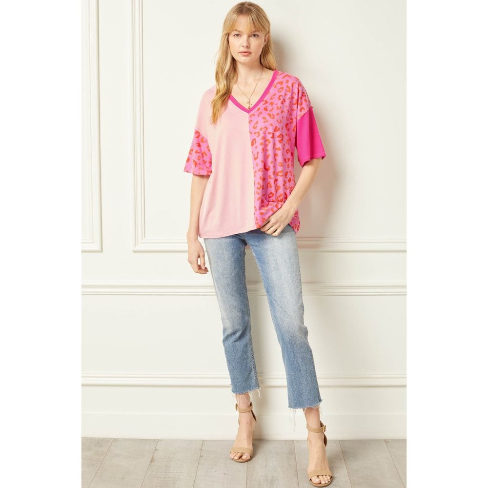 Entro Color Block Leopard Top, Pink - Picture 3 of 7